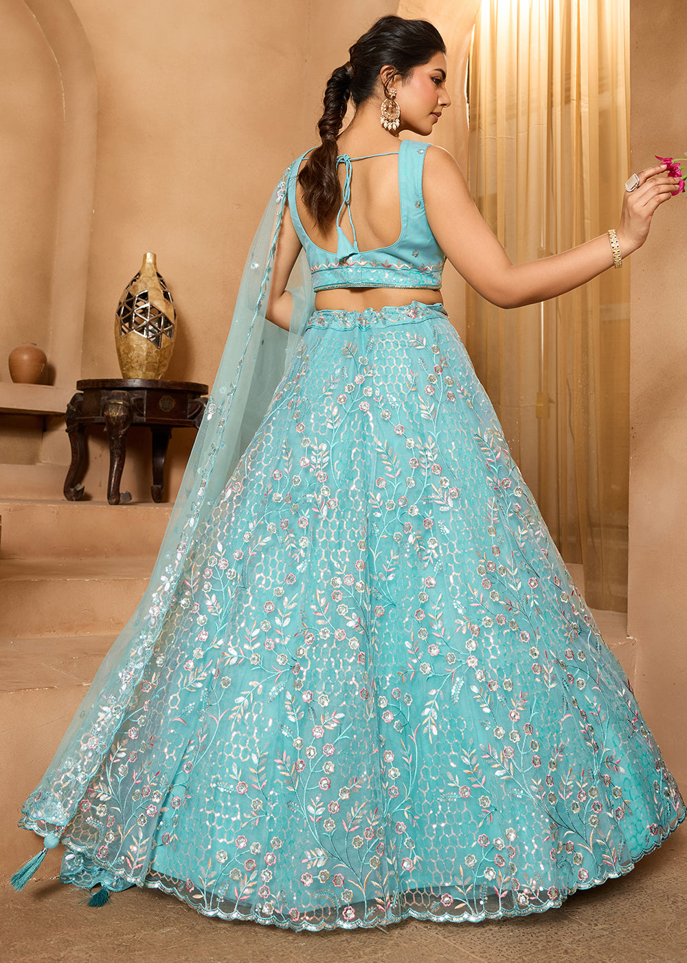 Turquoise Blue Net Lehenga Choli with Sequin &amp; Floral Vine Embroidery