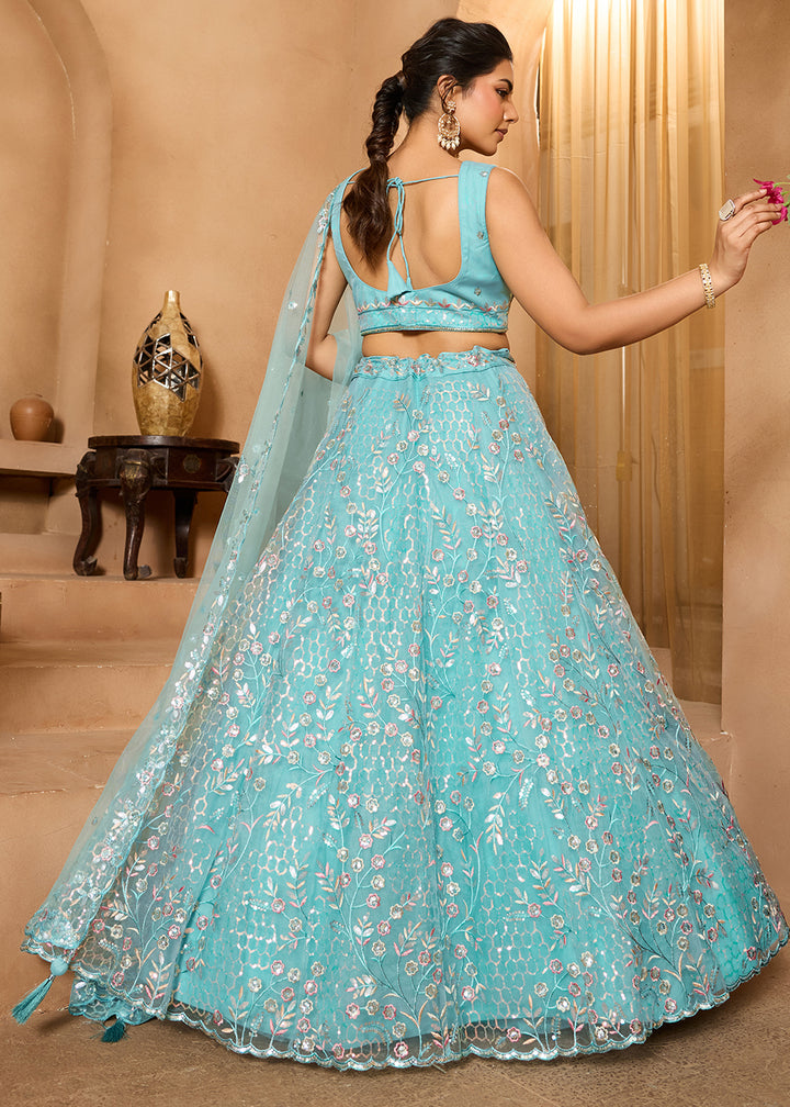 Turquoise Blue Net Lehenga Choli with Sequin &amp; Floral Vine Embroidery