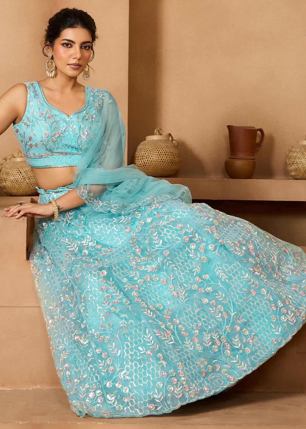 Turquoise Blue Net Lehenga Choli with Sequin &amp; Floral Vine Embroidery
