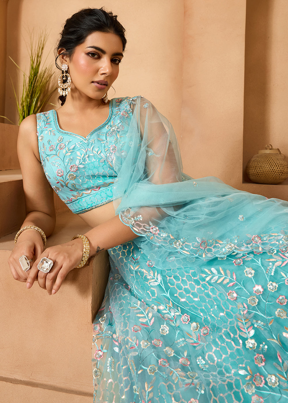 Turquoise Blue Net Lehenga Choli with Sequin &amp; Floral Vine Embroidery