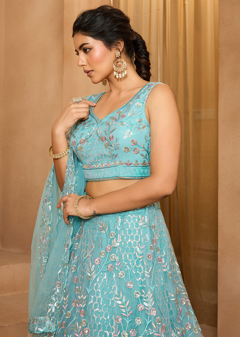 Turquoise Blue Net Lehenga Choli with Sequin &amp; Floral Vine Embroidery