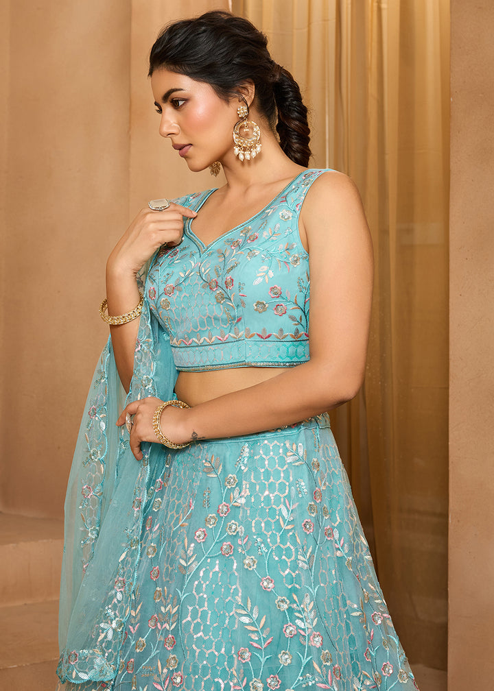 Turquoise Blue Net Lehenga Choli with Sequin &amp; Floral Vine Embroidery