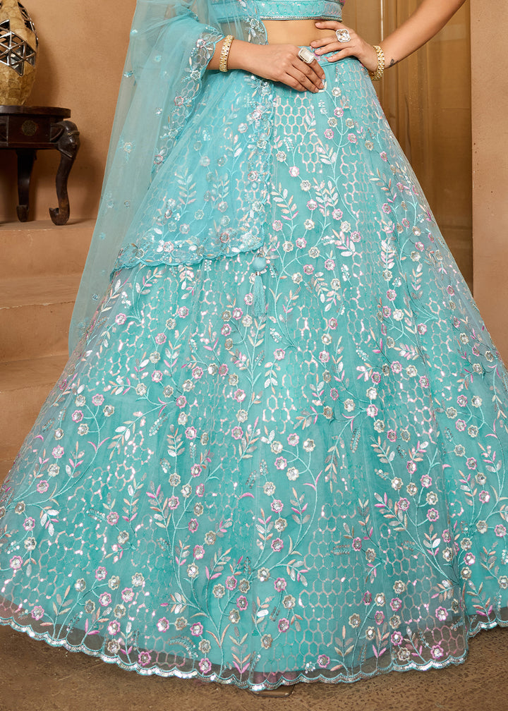 Turquoise Blue Net Lehenga Choli with Sequin &amp; Floral Vine Embroidery