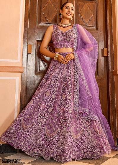 Lilac Purple Embroidered Net Lehenga Choli with Sequins Work