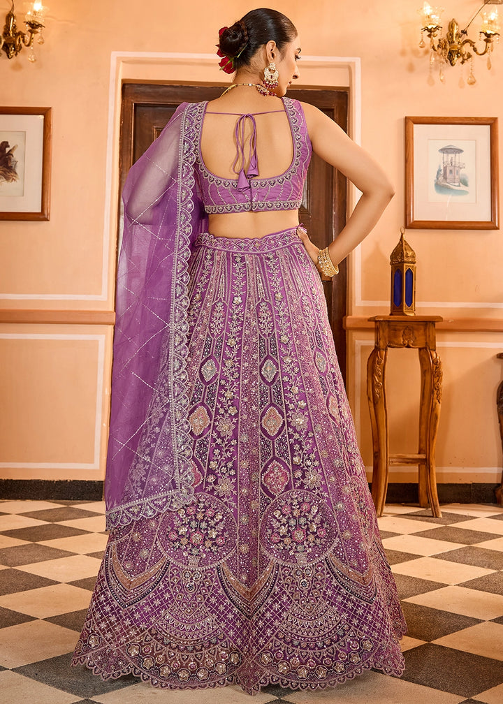 Lilac Purple Embroidered Net Lehenga Choli with Sequins Work