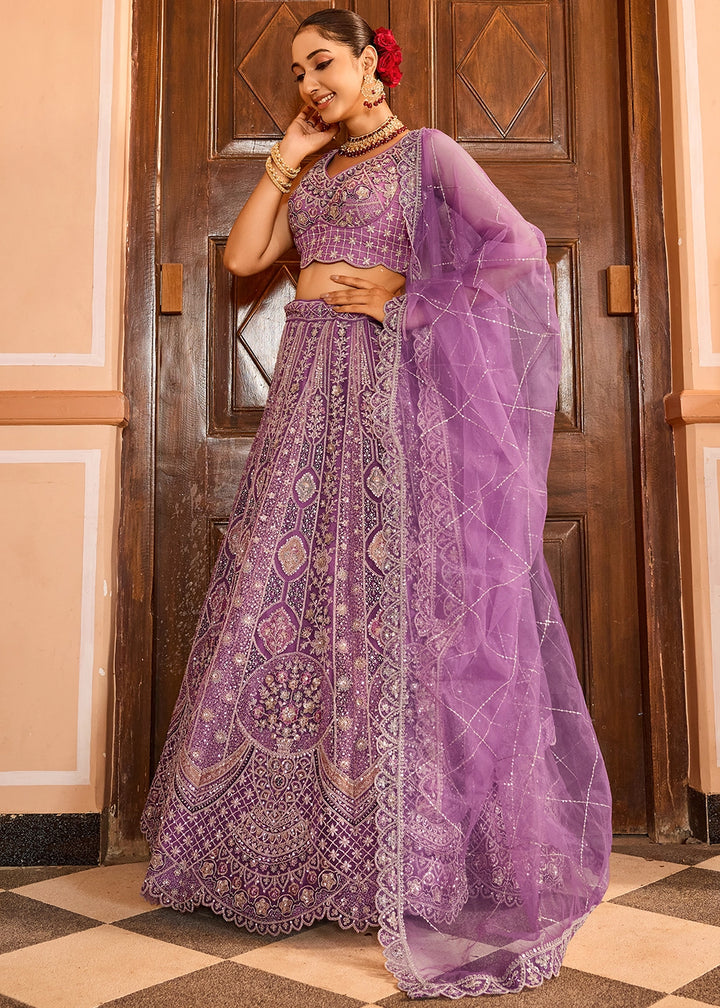 Lilac Purple Embroidered Net Lehenga Choli with Sequins Work