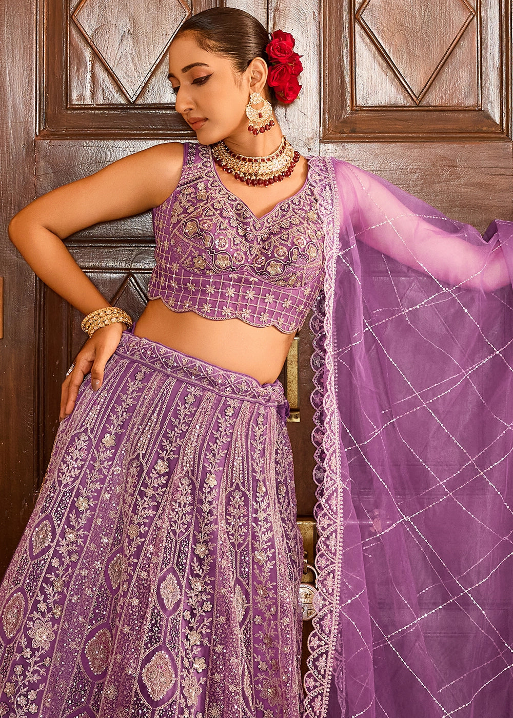 Lilac Purple Embroidered Net Lehenga Choli with Sequins Work