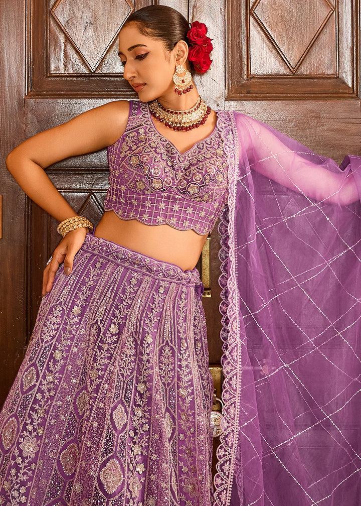 Lilac Purple Embroidered Net Lehenga Choli with Sequins Work