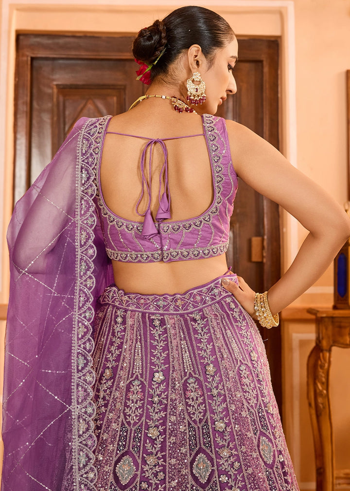 Lilac Purple Embroidered Net Lehenga Choli with Sequins Work