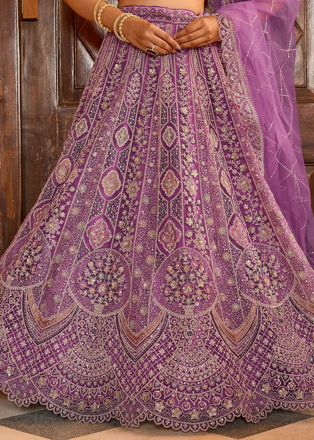 Lilac Purple Embroidered Net Lehenga Choli with Sequins Work
