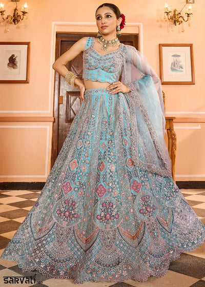Turquoise Blue Embroidered Net Lehenga Choli with Sequins Work