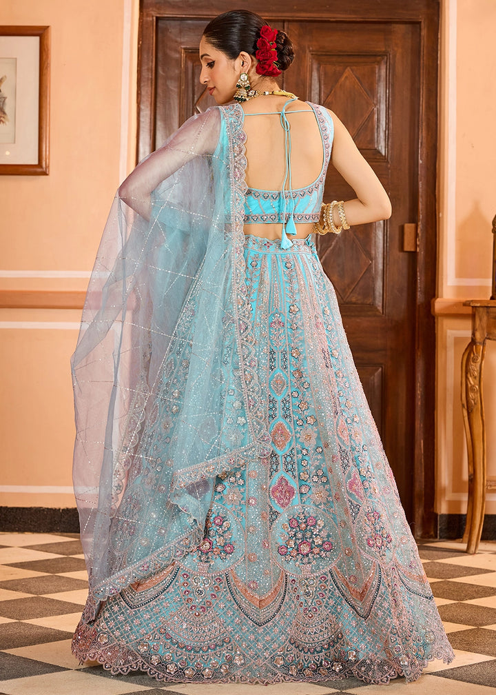Turquoise Blue Embroidered Net Lehenga Choli with Sequins Work