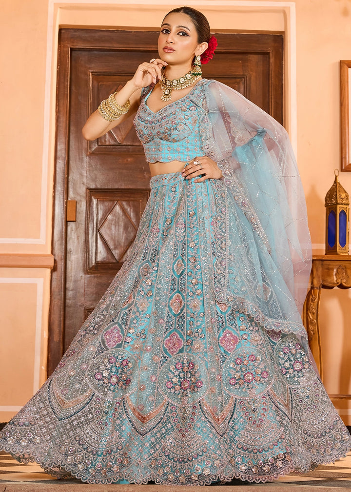 Turquoise Blue Embroidered Net Lehenga Choli with Sequins Work