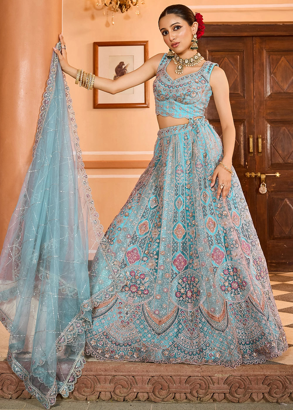 Turquoise Blue Embroidered Net Lehenga Choli with Sequins Work