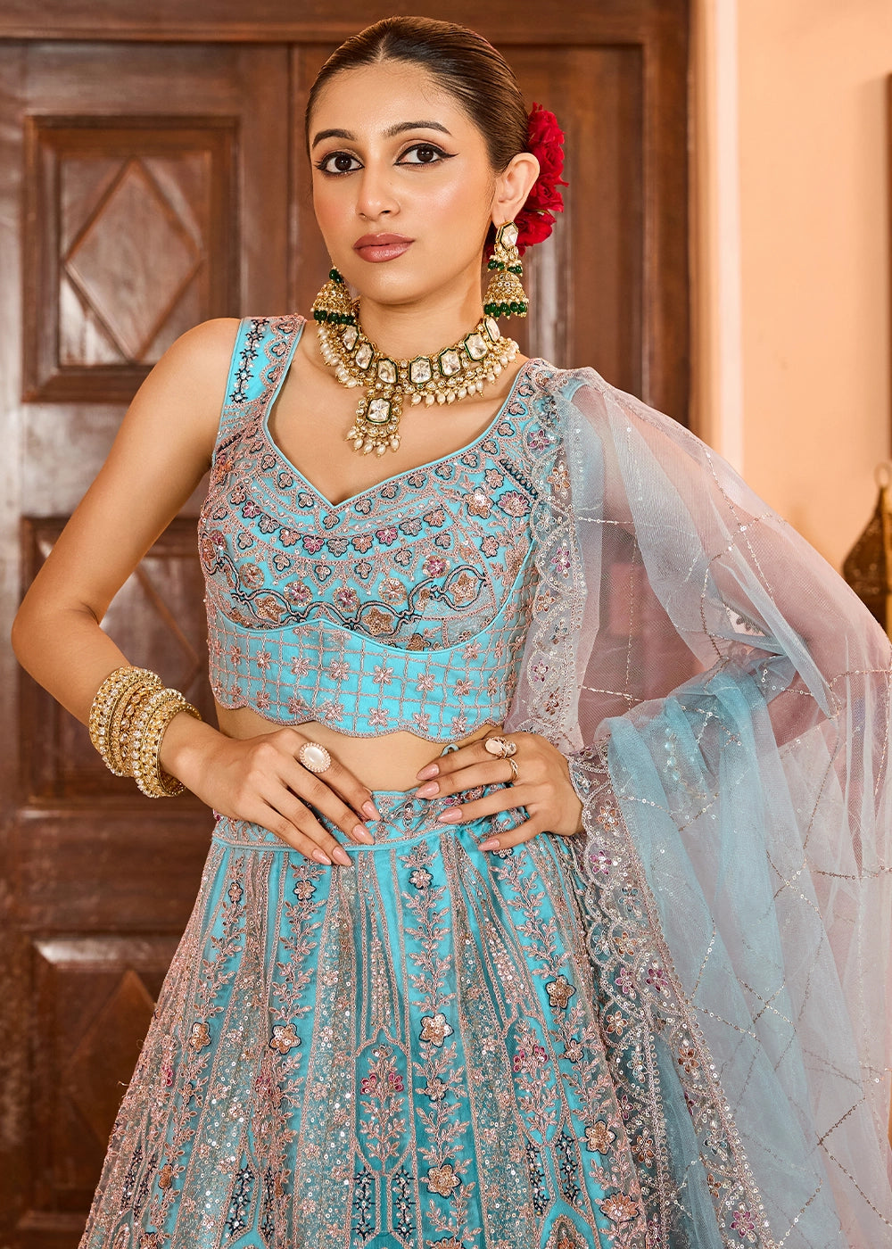 Turquoise Blue Embroidered Net Lehenga Choli with Sequins Work