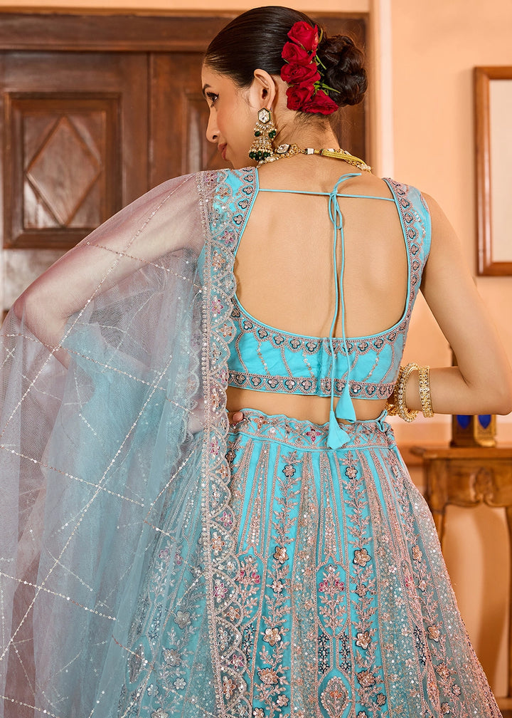 Turquoise Blue Embroidered Net Lehenga Choli with Sequins Work