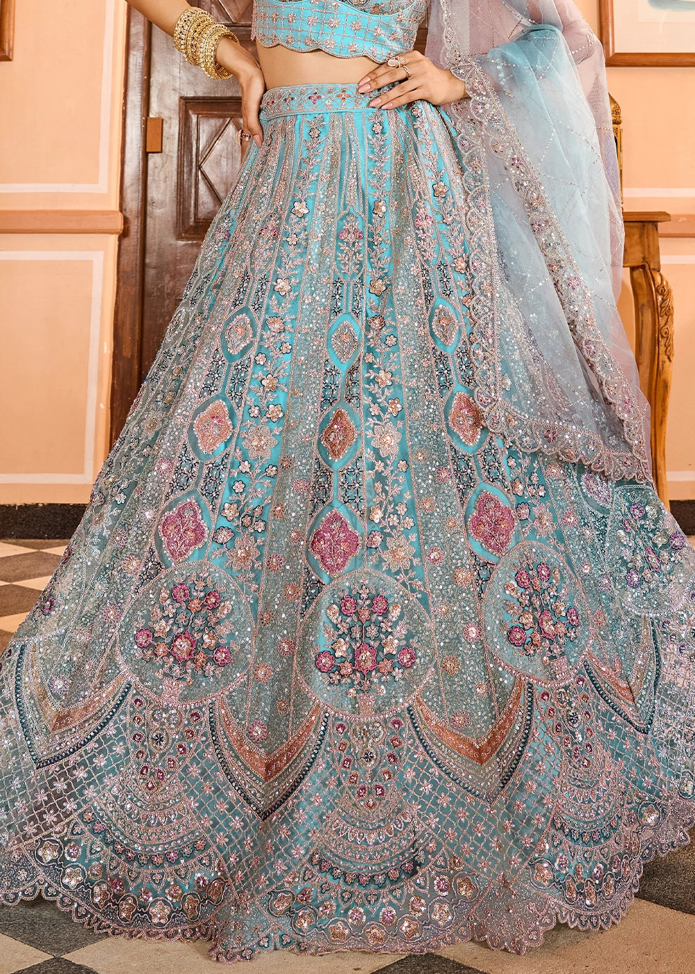 Turquoise Blue Embroidered Net Lehenga Choli with Sequins Work