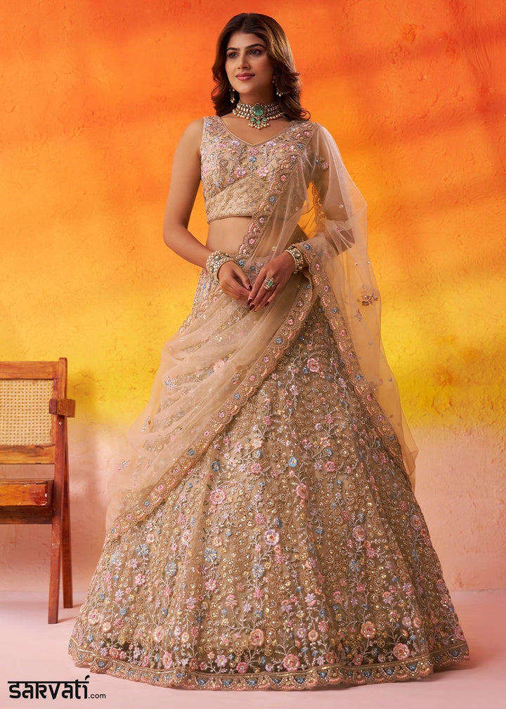Beige Brown Net Embellished Lehenga Choli with Sequins Embroidery