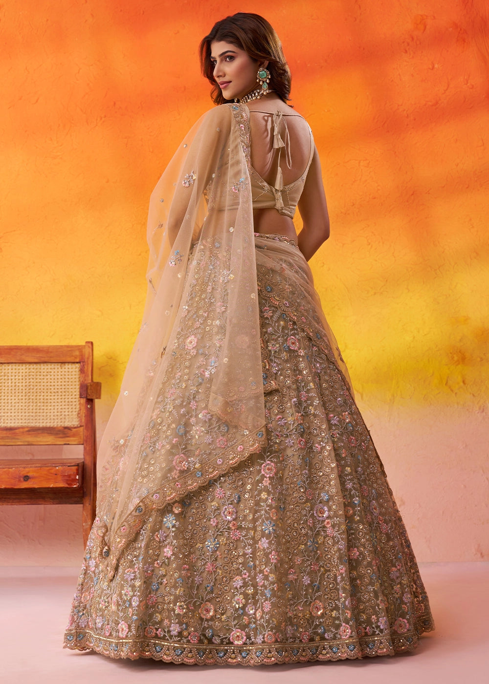 Beige Brown Net Embellished Lehenga Choli with Sequins Embroidery
