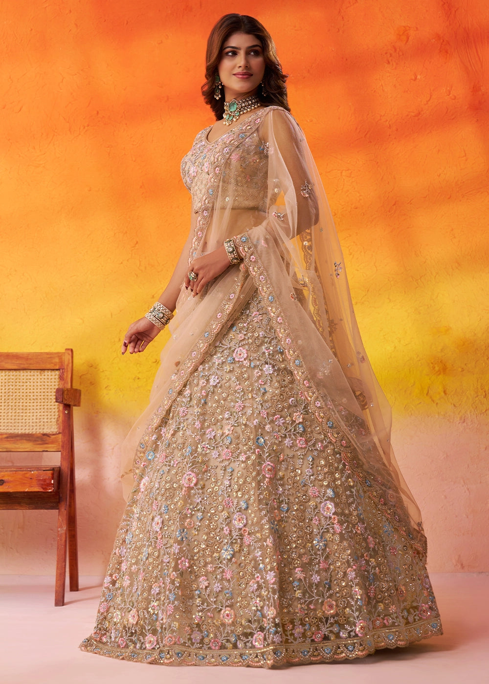 Beige Brown Net Embellished Lehenga Choli with Sequins Embroidery