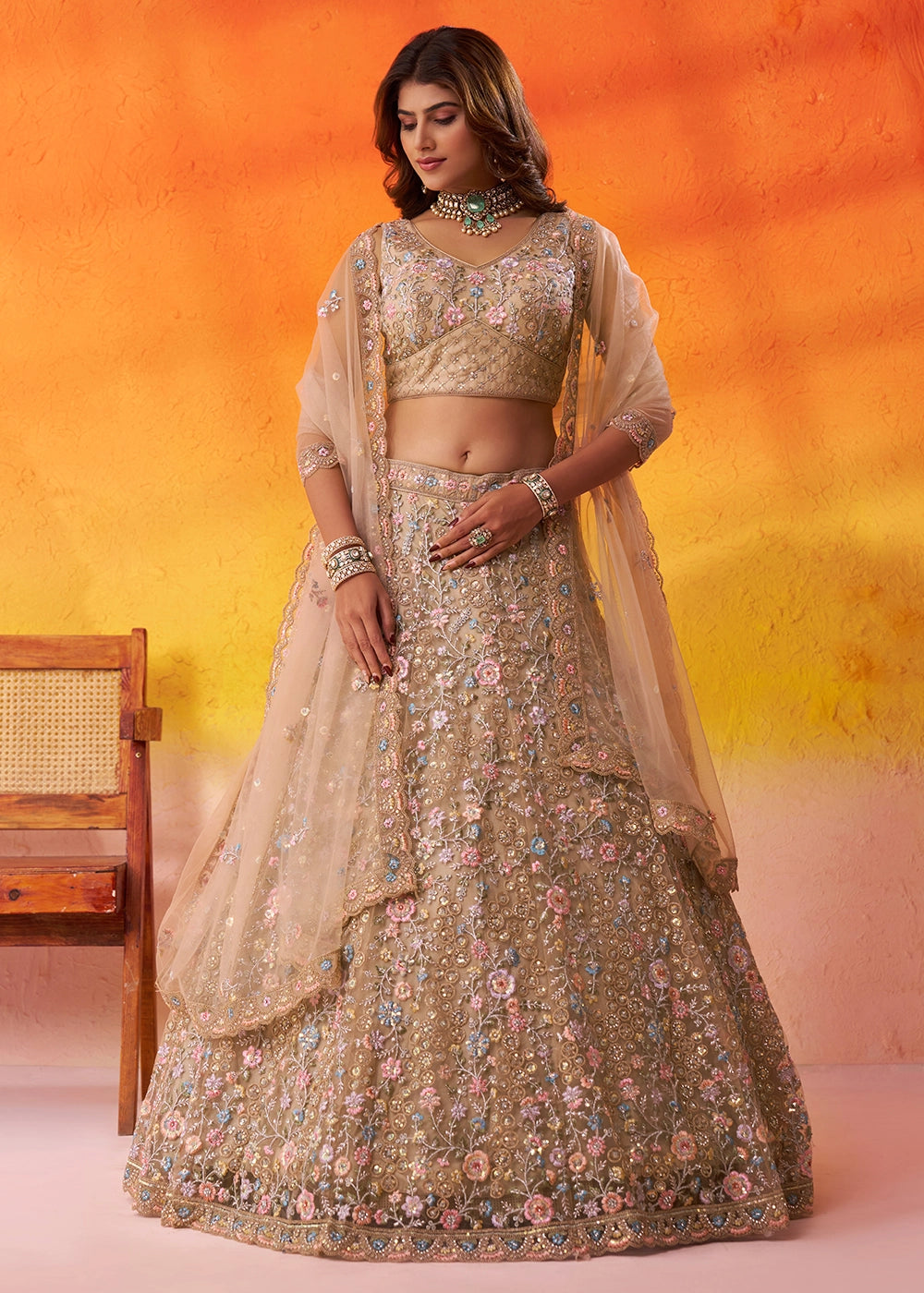 Beige Brown Net Embellished Lehenga Choli with Sequins Embroidery