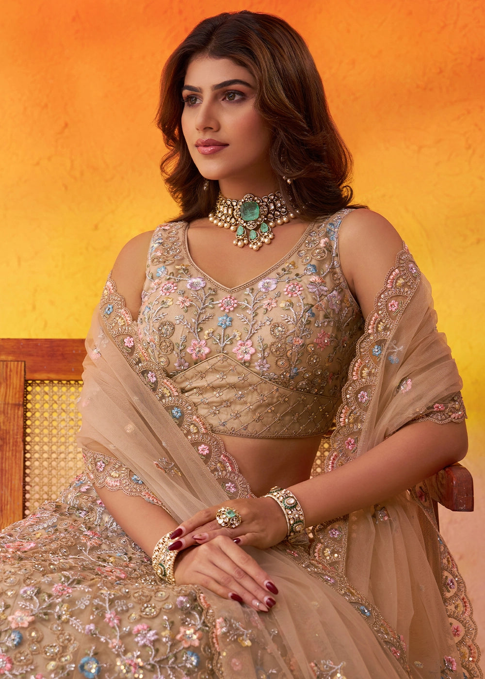 Beige Brown Net Embellished Lehenga Choli with Sequins Embroidery