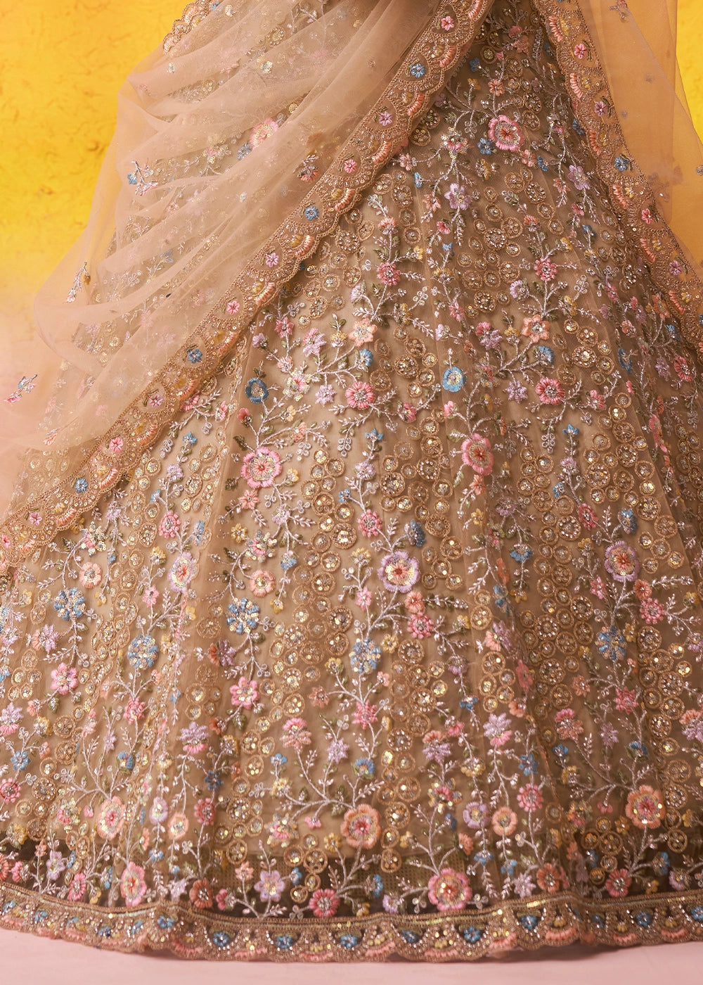 Beige Brown Net Embellished Lehenga Choli with Sequins Embroidery