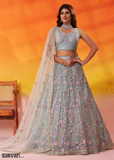 Middle Blue Net Embellished Lehenga Choli with Sequins Embroidery