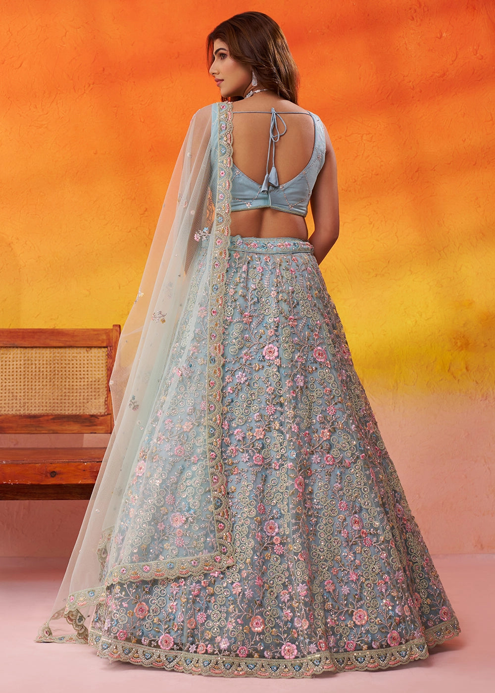 Middle Blue Net Embellished Lehenga Choli with Sequins Embroidery