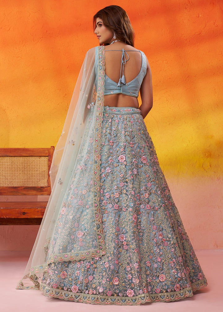 Middle Blue Net Embellished Lehenga Choli with Sequins Embroidery