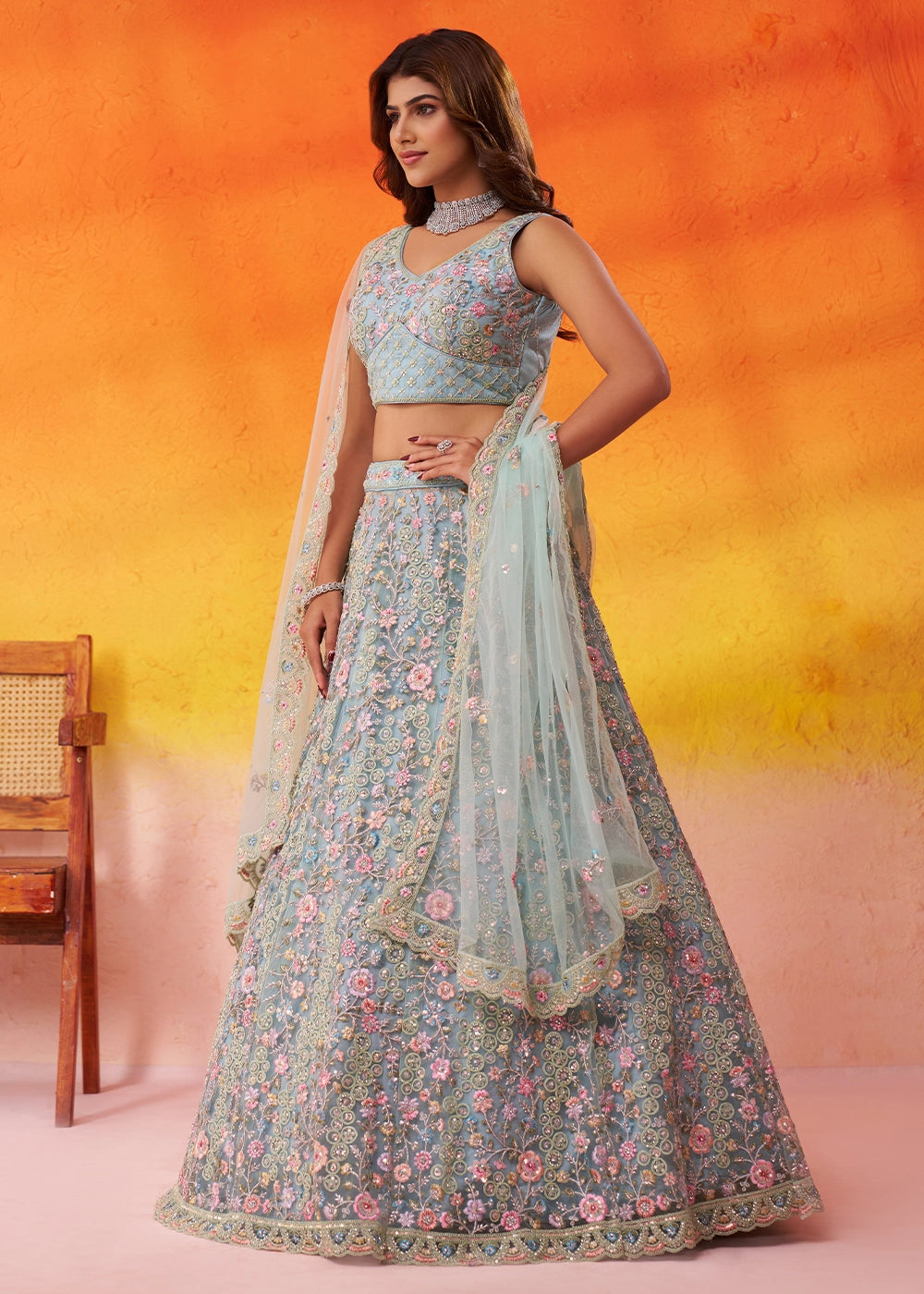 Middle Blue Net Embellished Lehenga Choli with Sequins Embroidery