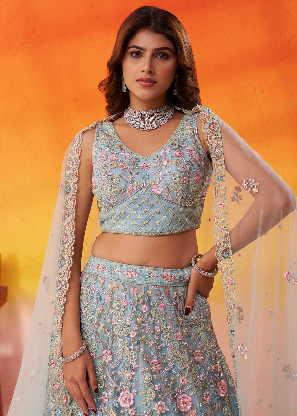 Middle Blue Net Embellished Lehenga Choli with Sequins Embroidery