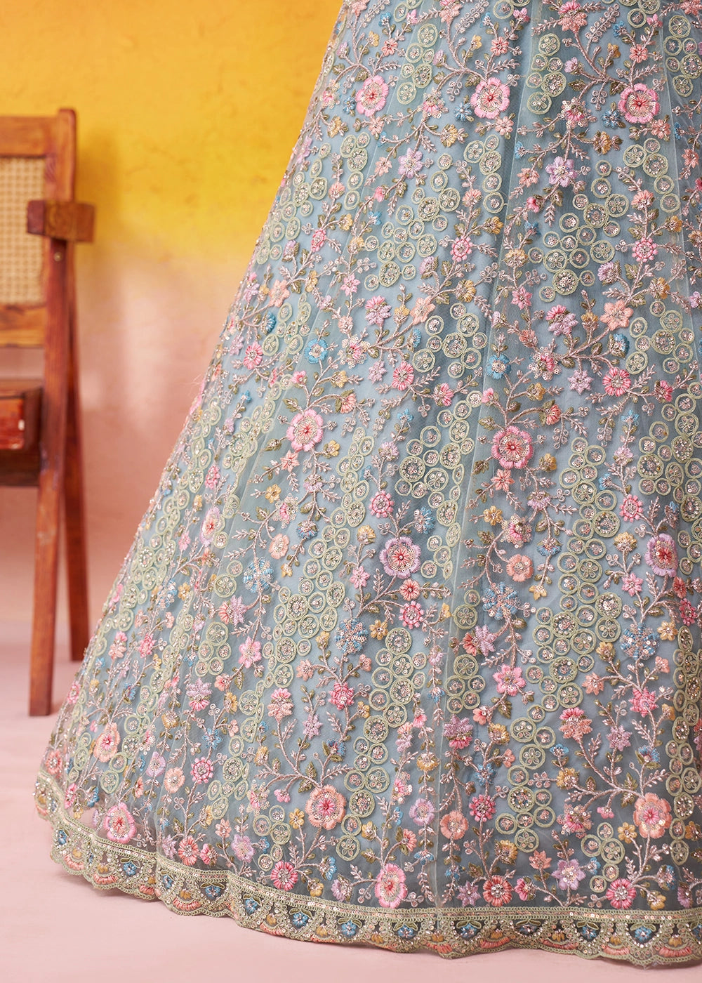 Middle Blue Net Embellished Lehenga Choli with Sequins Embroidery