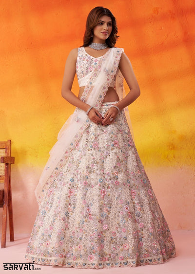 Pearl White Net Embellished Lehenga Choli with Sequins Embroidery
