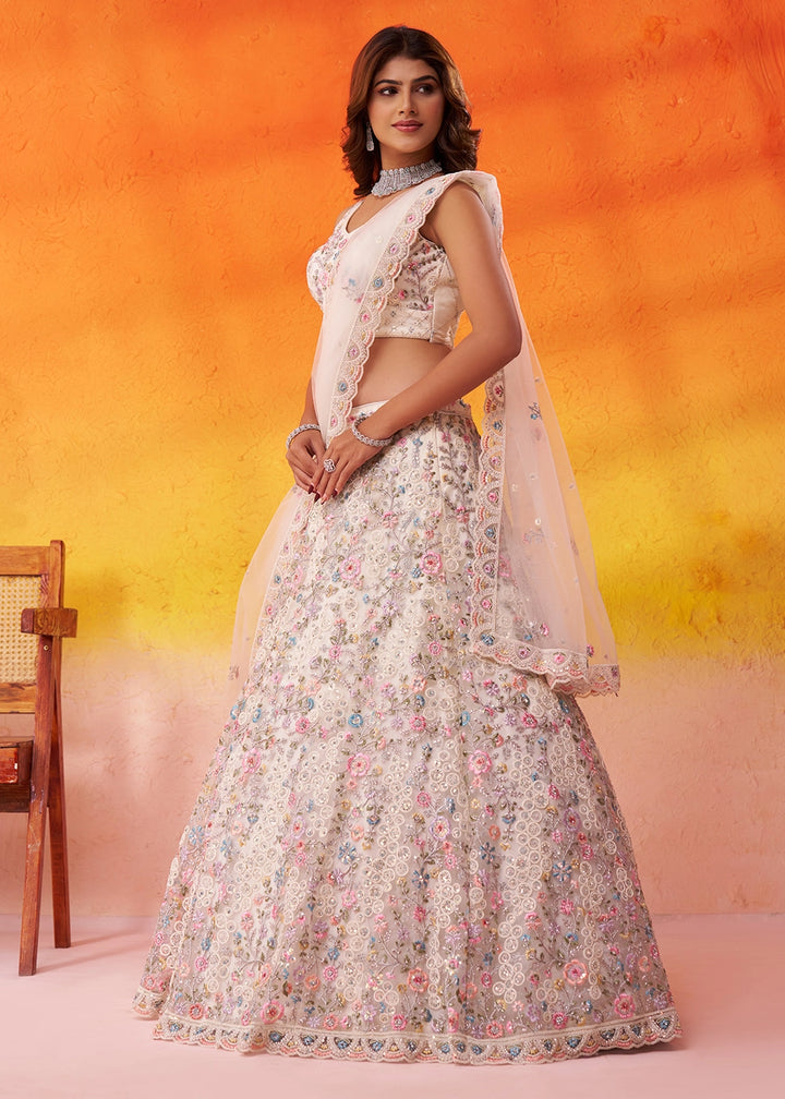 Pearl White Net Embellished Lehenga Choli with Sequins Embroidery