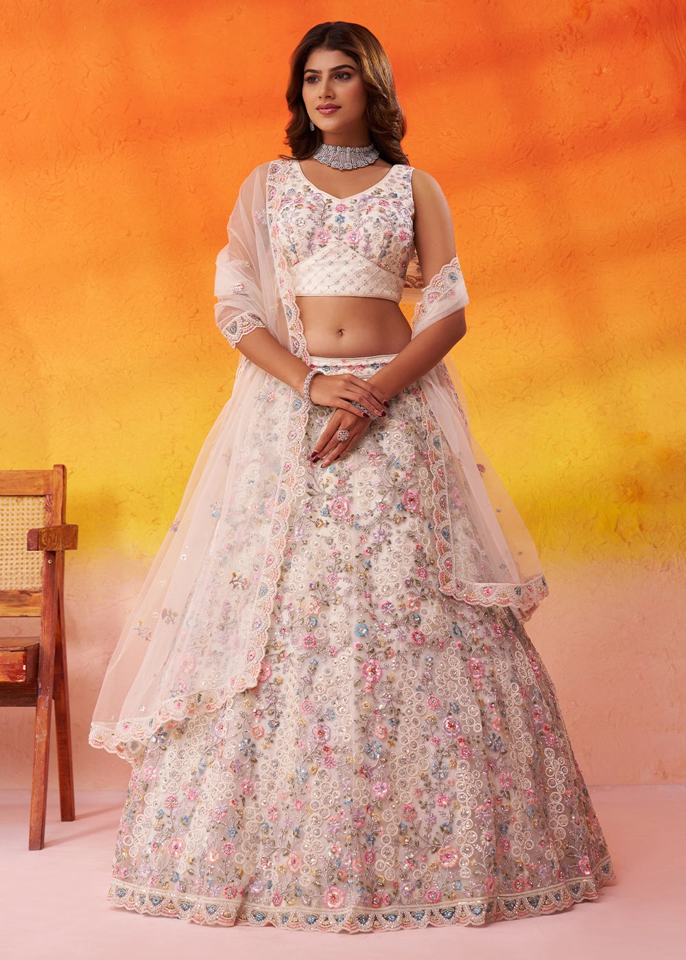 Pearl White Net Embellished Lehenga Choli with Sequins Embroidery
