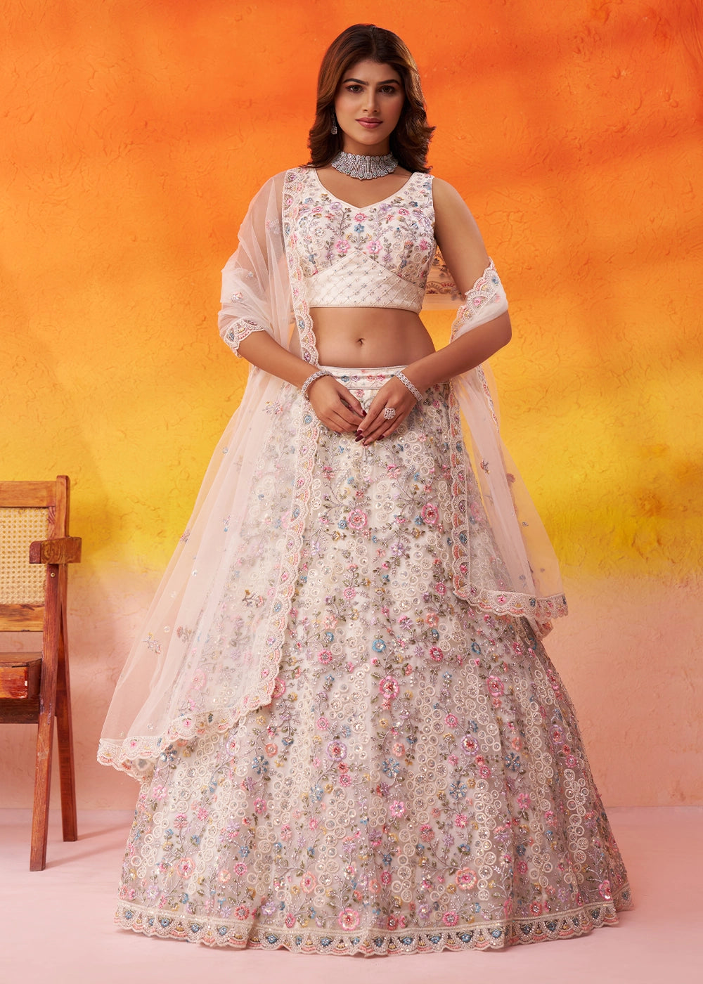 Pearl White Net Embellished Lehenga Choli with Sequins Embroidery
