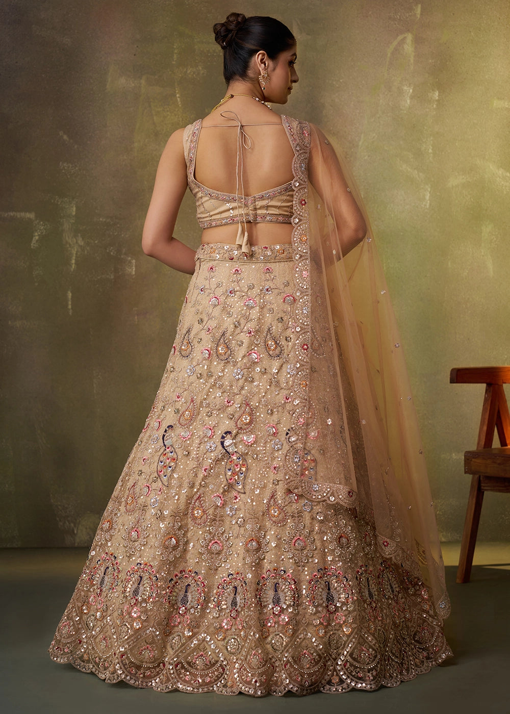Sand Brown Net Embellished Lehenga Choli with Sequins Embroidery