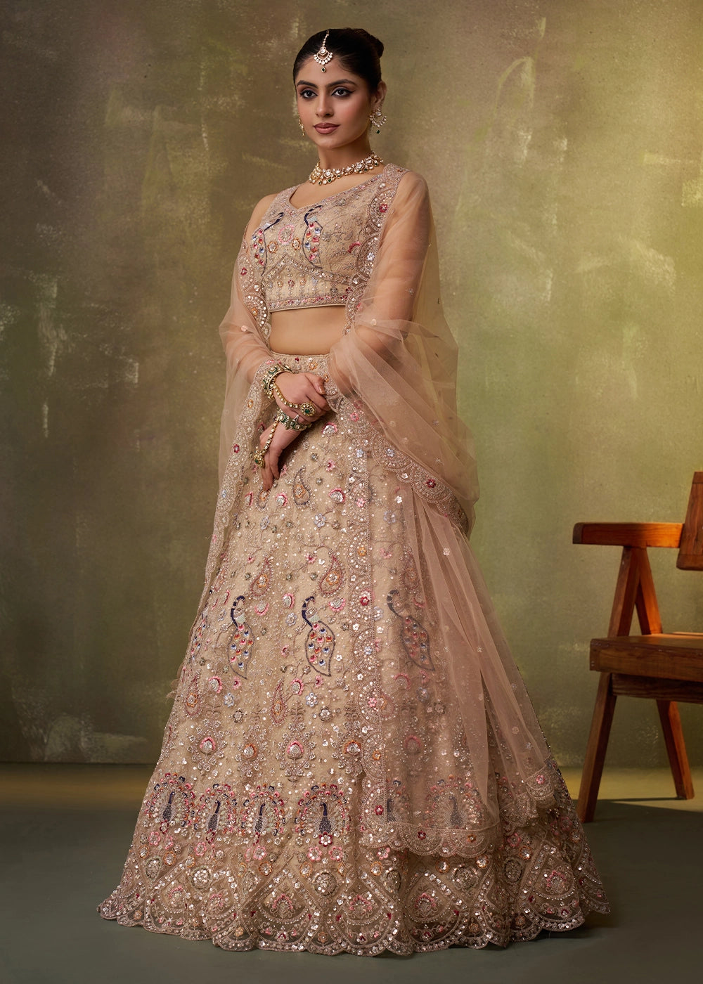 Sand Brown Net Embellished Lehenga Choli with Sequins Embroidery