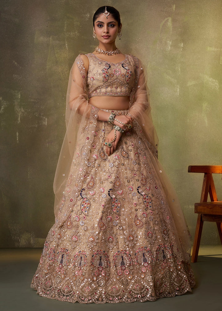 Sand Brown Net Embellished Lehenga Choli with Sequins Embroidery