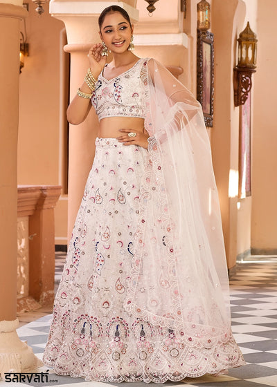 Cream White Embroidered Net Lehenga Choli with Sequins Work