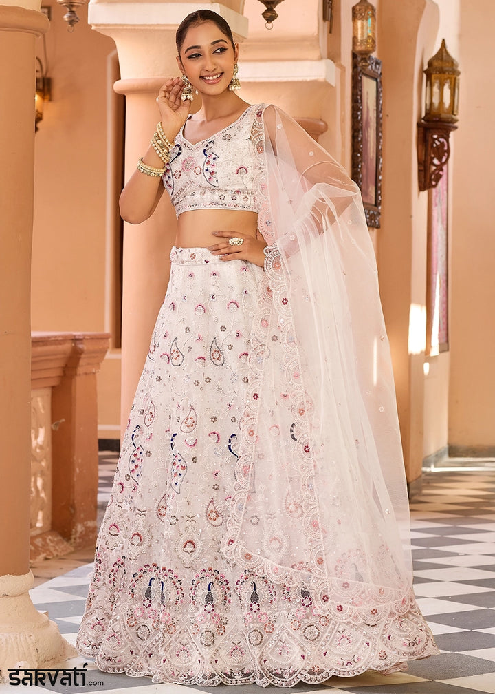 Cream White Embroidered Net Lehenga Choli with Sequins Work