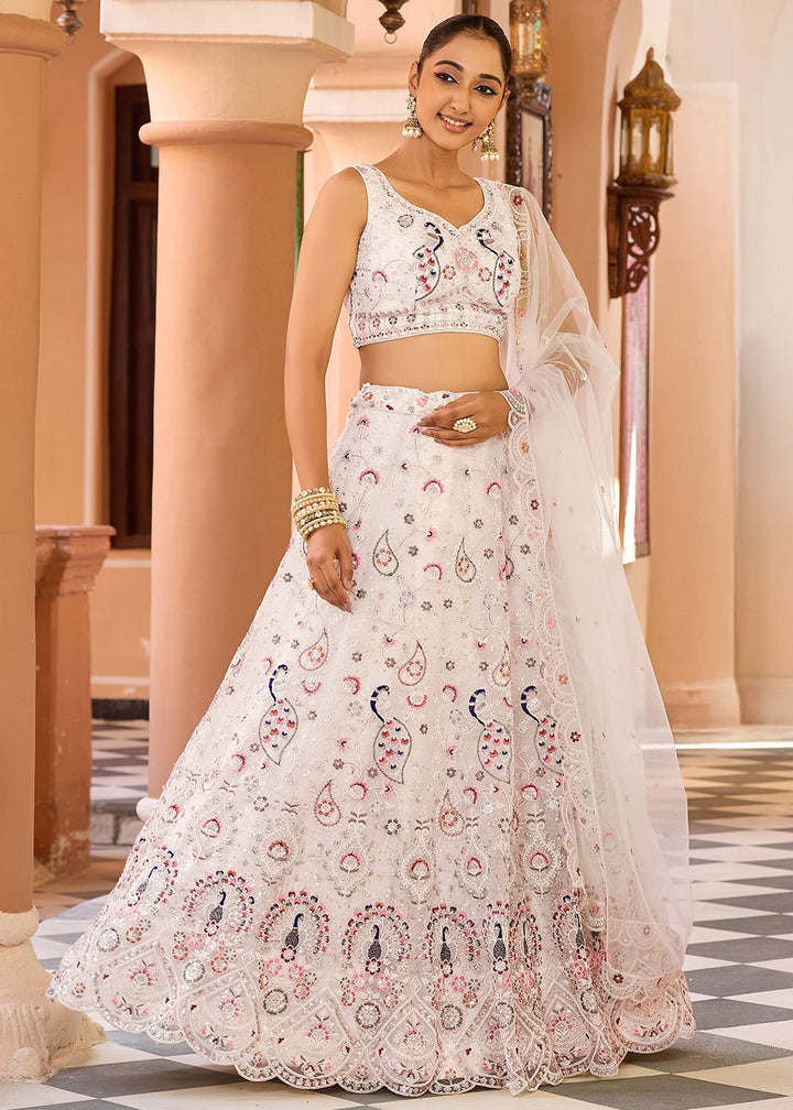 Cream White Embroidered Net Lehenga Choli with Sequins Work