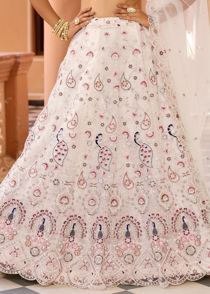 Cream White Embroidered Net Lehenga Choli with Sequins Work