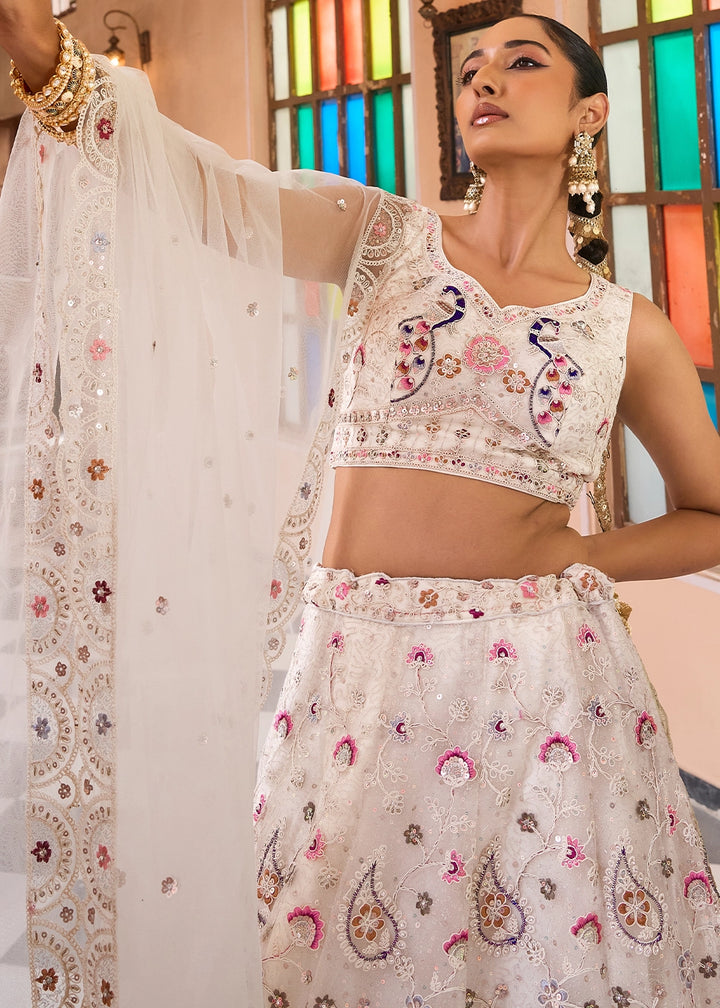 Cream White Embroidered Net Lehenga Choli with Sequins Work
