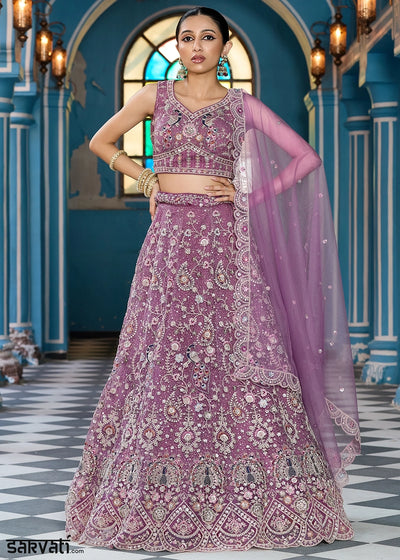 Amethyst Purple Embroidered Net Lehenga Choli with Sequins Work