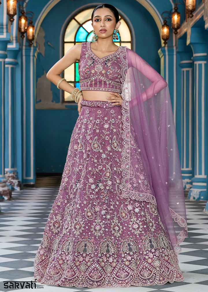 Amethyst Purple Embroidered Net Lehenga Choli with Sequins Work