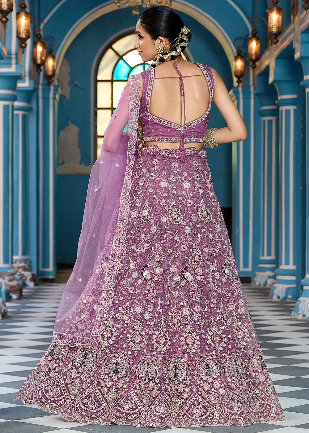 Amethyst Purple Embroidered Net Lehenga Choli with Sequins Work