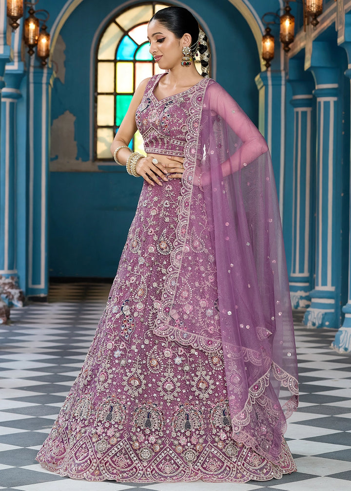 Amethyst Purple Embroidered Net Lehenga Choli with Sequins Work