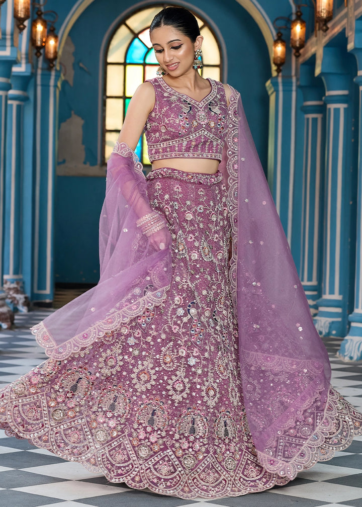 Amethyst Purple Embroidered Net Lehenga Choli with Sequins Work